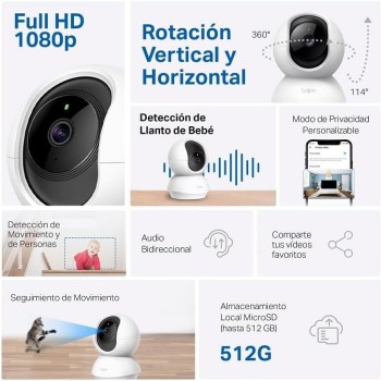 Tapo Cámara de vigilancia WiFi interior 360° 1080p C200C, visión nocturna, notificaciones en tiempo real, detección de personas,