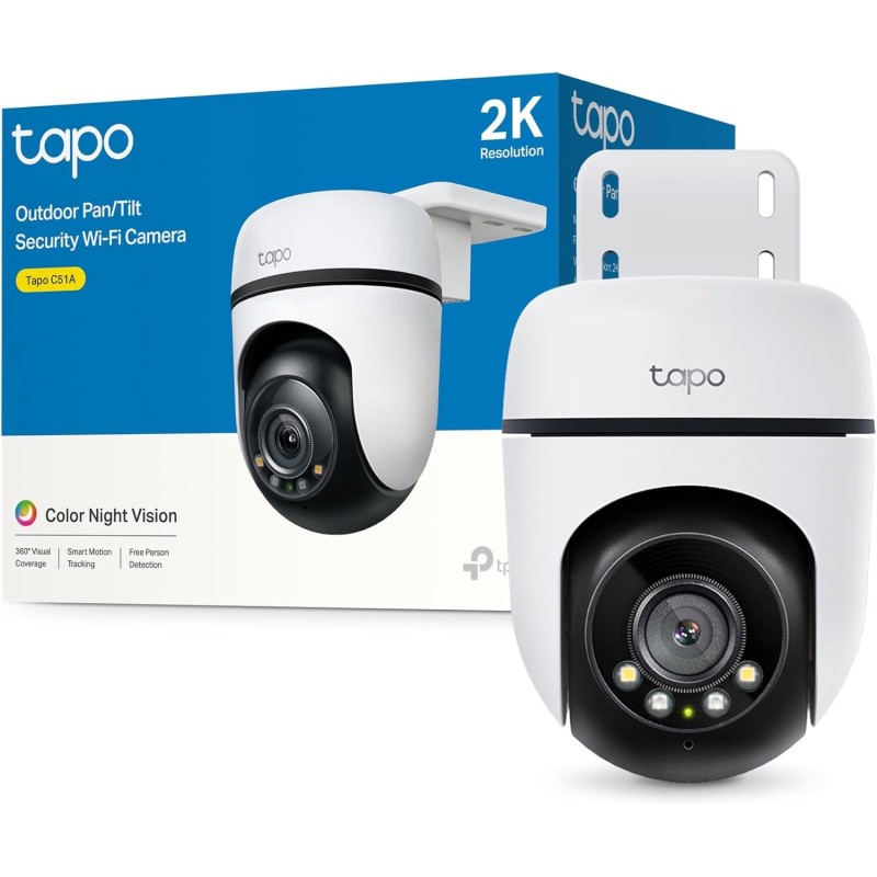 Tapo C51A - Cámara de vigilancia Wi-Fi para Exteriores 360°, visión Nocturna a Todo Color 2k (3 MP), detección Personas con IA