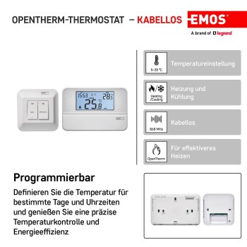 Emos Termostato de ambiente digital compatible con OpenTherm, programable, cableado, de montaje en superficie, blanco, 12,6 x