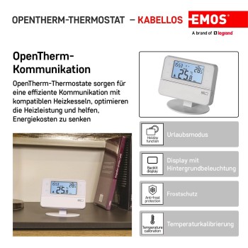 Emos Termostato de ambiente digital compatible con OpenTherm, programable, cableado, de montaje en superficie, blanco, 12,6 x