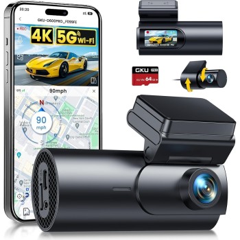 GKU Dashcam Cámara Coche 4K+1080P, 5GHz WiFi &GPS, 1.5'' IPS Dash CAM Coche con Tarjeta SD de 64GB,Camara Coche Grabadora,170°
