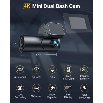 GKU Dashcam Cámara Coche 4K+1080P, 5GHz WiFi &GPS, 1.5'' IPS Dash CAM Coche con Tarjeta SD de 64GB,Camara Coche Grabadora,170°