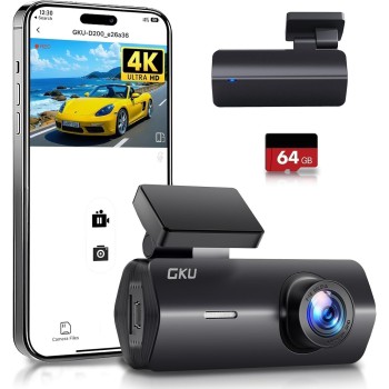 Cámara de Coche WiFi GKU Dashcam UHD 4K 2160P con Tarjeta 64G, Super Visión Nocturna, WDR, Diseño Ultra-Compacto, Gran Angular