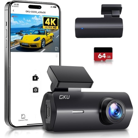 Cámara de Coche WiFi GKU Dashcam UHD 4K 2160P con Tarjeta 64G, Super Visión Nocturna, WDR, Diseño Ultra-Compacto, Gran Angular