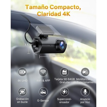 Cámara de Coche WiFi GKU Dashcam UHD 4K 2160P con Tarjeta 64G, Super Visión Nocturna, WDR, Diseño Ultra-Compacto, Gran Angular