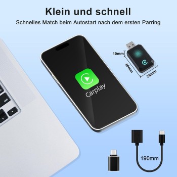 CarPlay Wireless Adapter 2025 Upgrade CarPlay Dongle Convierte Cable a Inalámbrico para iPhone, USB C/A Plug and Play Adaptador