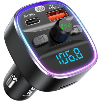 LENCENT Transmisor FM Bluetooth para Coche, Manos Libres Inalámbrico Reproductor MP3 Coche, Adaptador de Radio con Dual USB