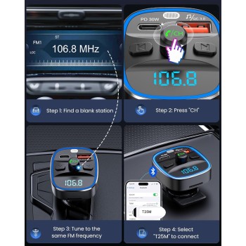 LENCENT Transmisor FM Bluetooth para Coche, Manos Libres Inalámbrico Reproductor MP3 Coche, Adaptador de Radio con Dual USB