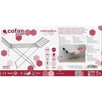 Cofan Tendedero Extensible Eléctrico | 220W | Modelo Sahara | Fabricado en Aluminio | Medidas: 148 x 52 x 108 cm