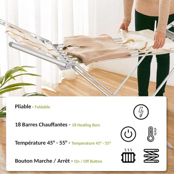 Fishtec - Tendedero eléctrico Plegable de Aluminio - 18 Barras - 230 W - 145 cm - Aluminio Plata - Calor - para Ropa de hogar -
