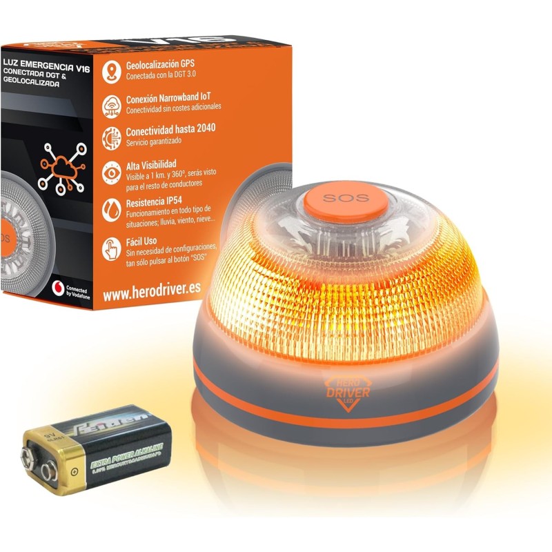 Baliza V16 Conectada y Geolocalizada Certificada DGT 3.0 – Sin cuotas hasta 2040 – Luz Emergencia coche - Uso obligatorio en