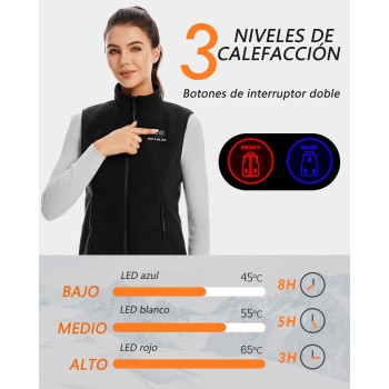 Chaleco Calefactable de Forro Polar para Mujer con Batería 7.4V 12000mAh, 8 Zonas de Calefacción, Chaleco Calefactable con 3