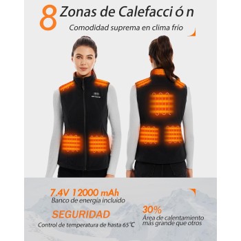 Chaleco Calefactable de Forro Polar para Mujer con Batería 7.4V 12000mAh, 8 Zonas de Calefacción, Chaleco Calefactable con 3