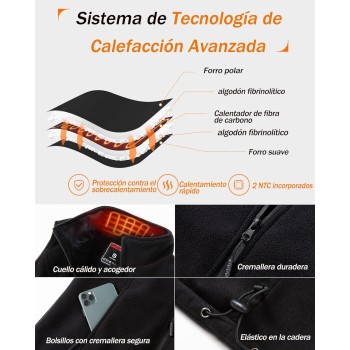 Chaleco Calefactable de Forro Polar para Mujer con Batería 7.4V 12000mAh, 8 Zonas de Calefacción, Chaleco Calefactable con 3