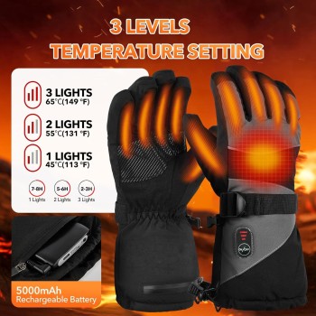 Guantes Calefactables, batería Recargable de 5V 5000 mAh, 3 Niveles de Calentamiento,Guantes Calefactores eléctricos