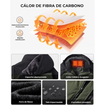 Chaqueta Calefactable Hombre Con Batería Externa De 12V 18400 Mah, 8 Zonas De Calentamiento, 3 Niveles De Temperatura, Parka De