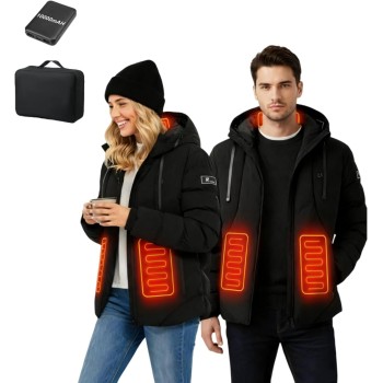 Chaqueta Calefactable Capucha con Batería para Hombre y Mujer, 4 Zonas de Calefacción, 3 Niveles de Temperatura, Impermeable,