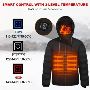 Chaqueta Calefactable Capucha con Batería para Hombre y Mujer, 4 Zonas de Calefacción, 3 Niveles de Temperatura, Impermeable,