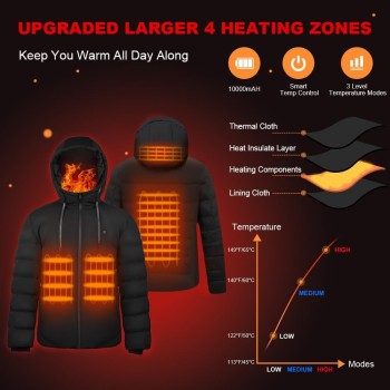 Chaqueta Calefactable Capucha con Batería para Hombre y Mujer, 4 Zonas de Calefacción, 3 Niveles de Temperatura, Impermeable,