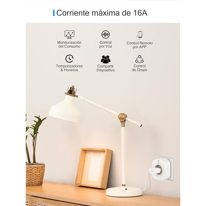 Enchufe Inteligente Alexa, Enchufe Wi-Fi Medidor Consumo, Tomada Inteligente Programable con Temporizador, Control Remoto por