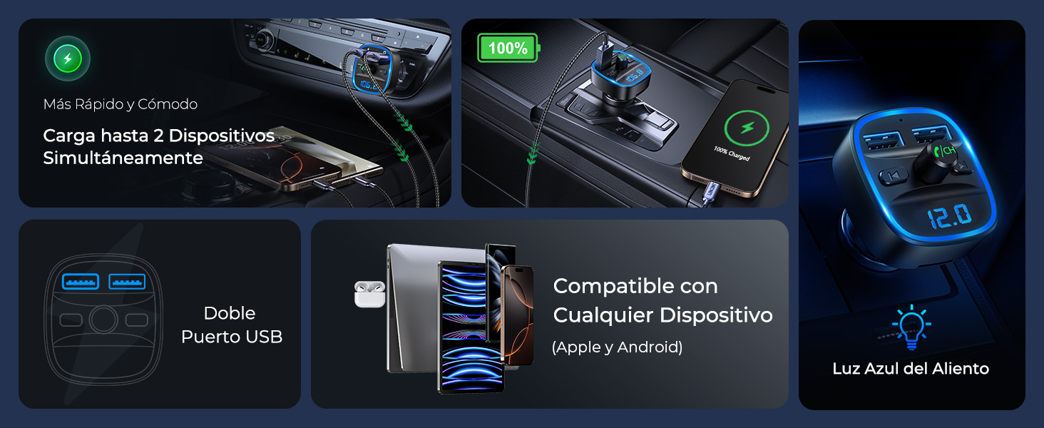 Imagen compuesta de las características del cargador de coche: dos puertos USB, 100 W de potencia, compatibilidad con dispositivos y luz LED azul. Varios paneles muestran diferentes ángulos y funciones.