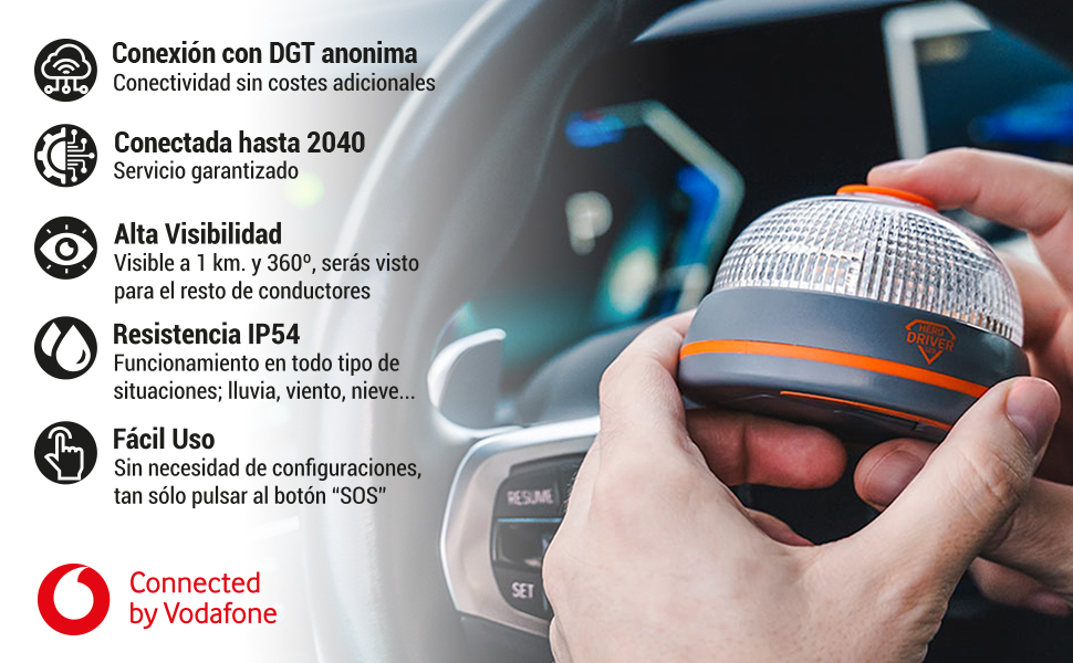 Baliza V16 certificada DGT con botón SOS y uso sencillo