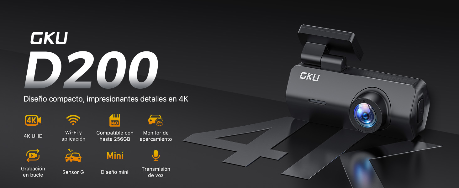 GKU D200 Dashcam 4K 2160P ultra-compacta con visión nocturna WDR y gran angular 170 grados