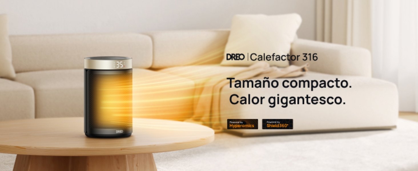 Dreo Calefactor Bajo Consumo 1500W PTC cerámico calentando salón con distribución uniforme del calor