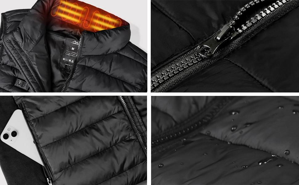 Detalle del chaleco calefactable Loowoko negro acolchado con cremallera y cuello térmico