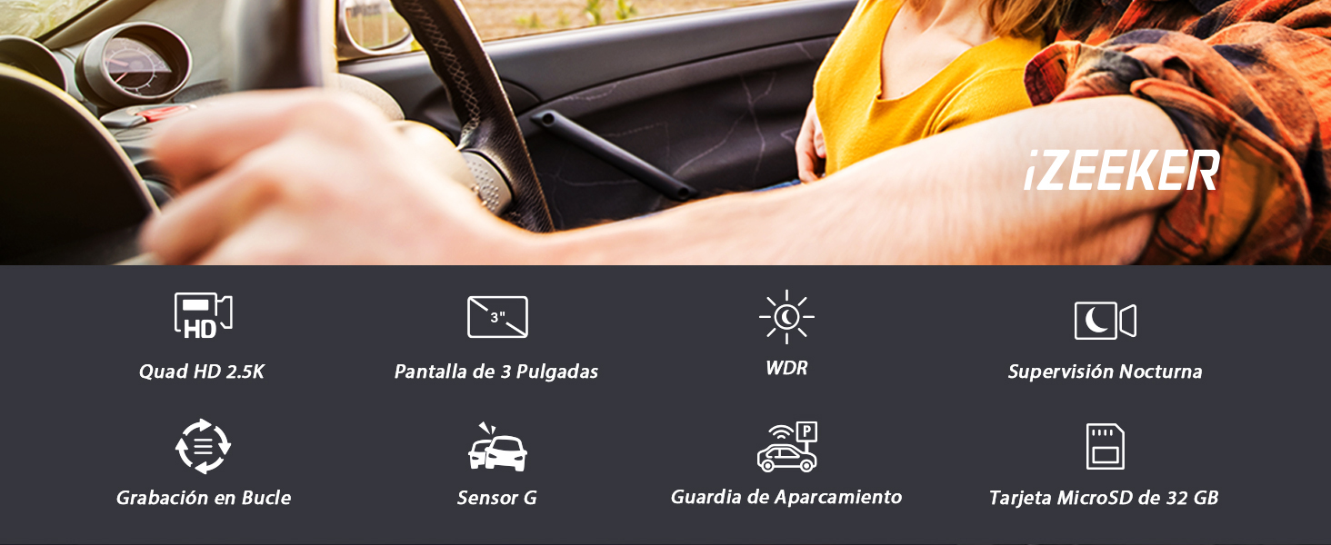 iZEEKER 2.5K Dashcam con pantalla IPS de 3 pulgadas y grabación QHD 1440p