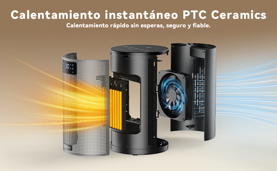 Diagrama del sistema cerámico PTC del calefactor PALINTH mostrando el flujo de aire caliente