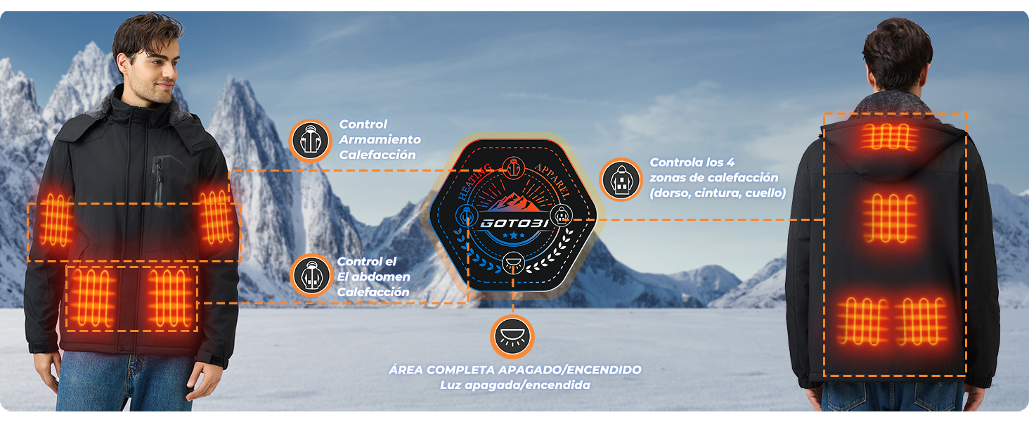 Chaqueta calefactable GOTOBI para hombre con zonas térmicas activas en entornos de nieve