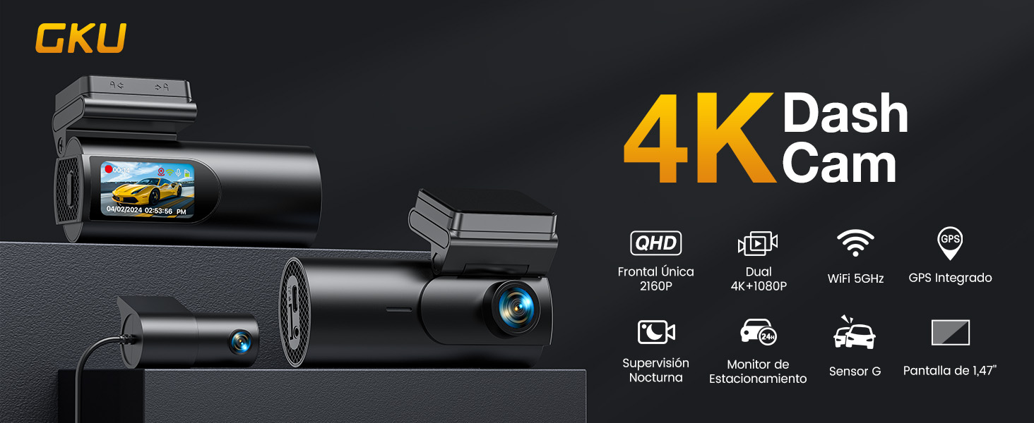 GKU D600PRO dashcam 4K+1080P con Wi-Fi 5 GHz, GPS y pantalla IPS