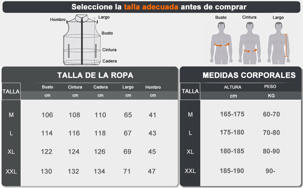 Guía de tallas chaleco calefactable Loowoko para hombre