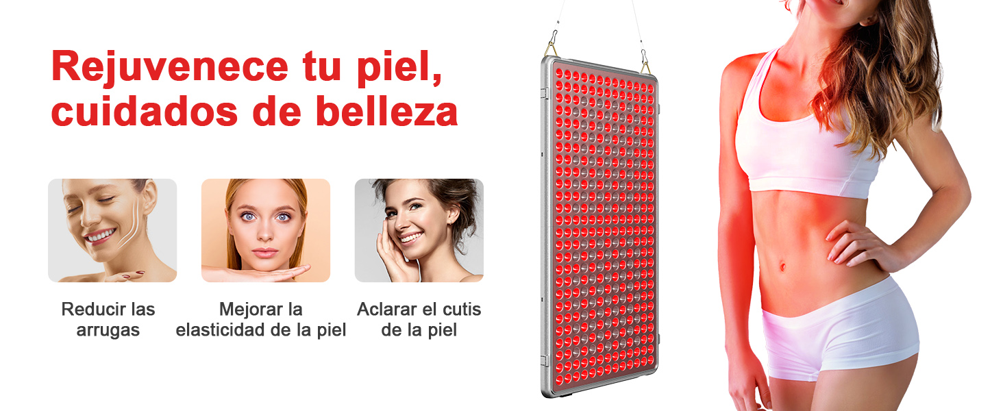 con panel de luz roja. Las imágenes muestran los efectos de rejuvenecimiento de la piel. El texto en español describe los beneficios del cuidado de la piel