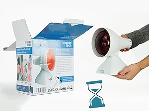 Dispositivo de terapia de luz infrarroja con cabeza en forma de cúpula. La caja del producto, la unidad portátil y el accesorio temporizador se muestran sobre fondo blanco