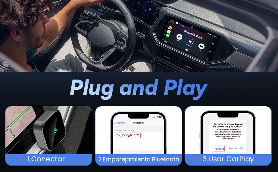 Proceso Plug & Play del adaptador CarPlay inalámbrico DEALAZOT H3
