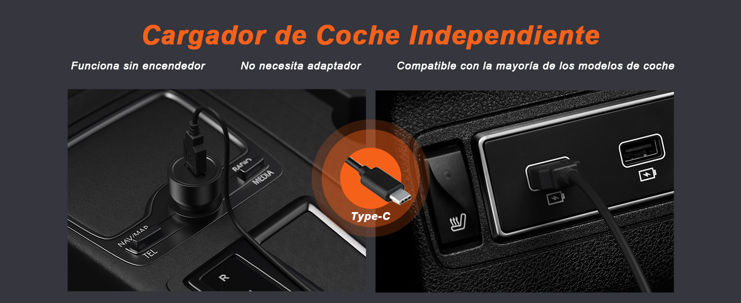 Cargador extraíble USB-C compatible con la mayoría de coches