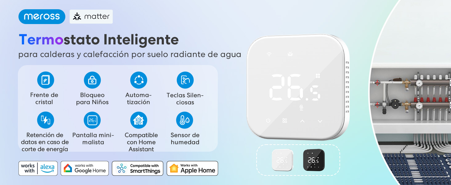 El texto dice: «Termostato inteligente» con los logotipos de Meross y Matter. Interfaz de termostato inteligente que muestra los controles de temperatura y las opciones de conectividad WiFi.