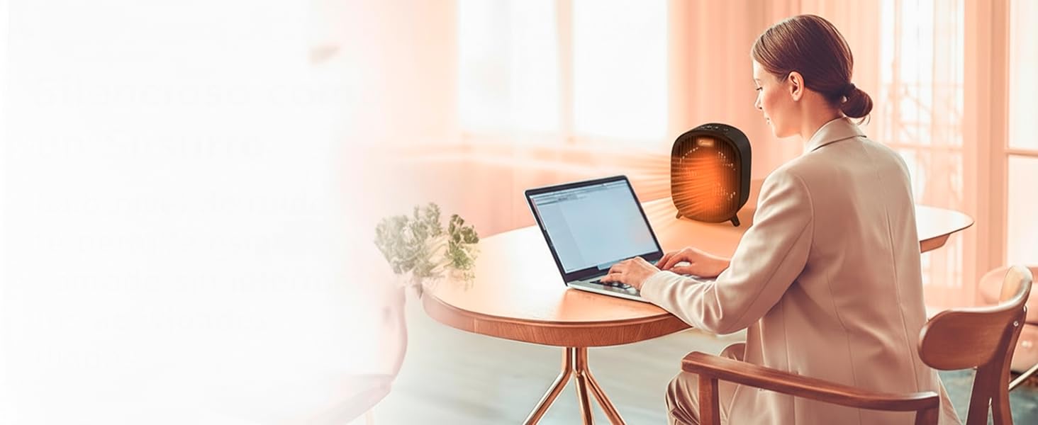 Calefactor MIDEA baño bajo consumo 2000W funcionando silenciosamente junto a un escritorio