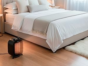 Calefactor MIDEA baño bajo consumo 2000W junto a la cama en un dormitorio
