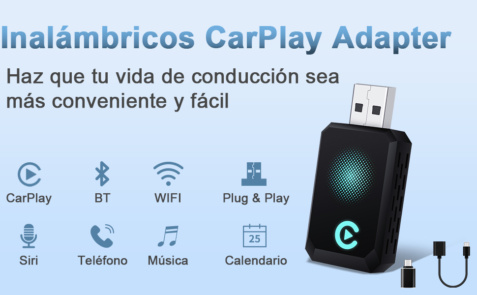 Adaptador inalámbrico Letitwell 2025 CarPlay con WiFi 5.8GHz y Bluetooth 5.0
