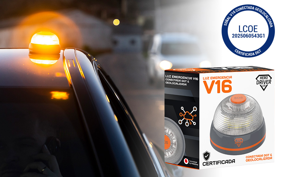 Luz de emergencia V16 conectada con LED 360 grados y alcance 1 km