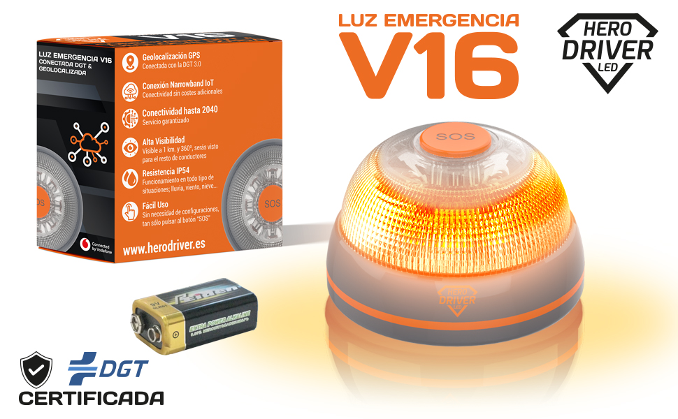 Baliza V16 conectada y geolocalizada certificada DGT 3.0 con SIM Vodafone