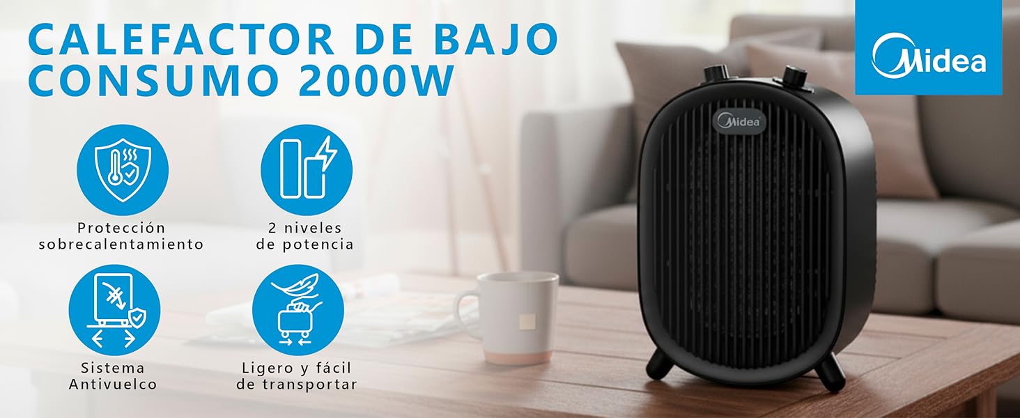 Calefactor MIDEA baño bajo consumo 2000W negro vista frontal