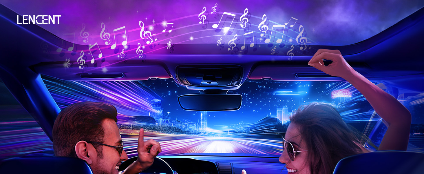 con iluminación azul futurista, notas musicales holográficas y pantalla en el salpicadero. Dos personas visibles en