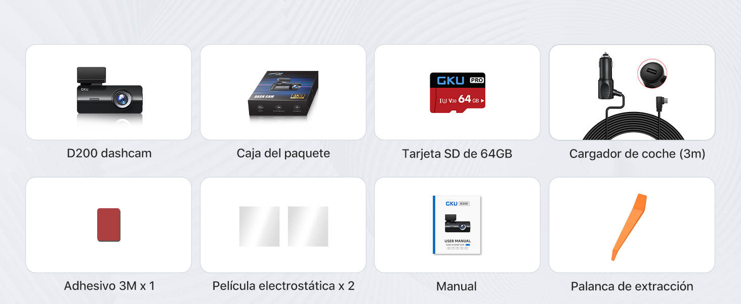Contenido de la caja GKU D200: cámara 4K, microSD 64GB, cargador coche USB-C, adhesivos y película electrostática
