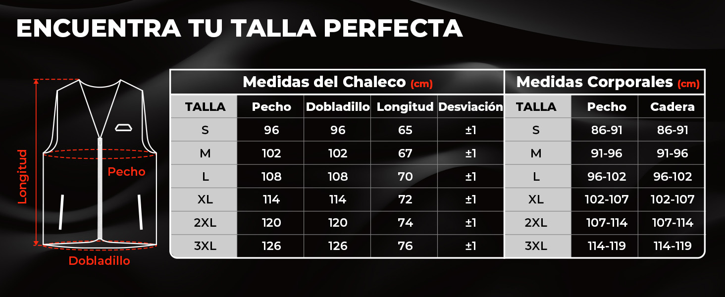 Guía de tallas chaleco calefactable KEMIMOTO