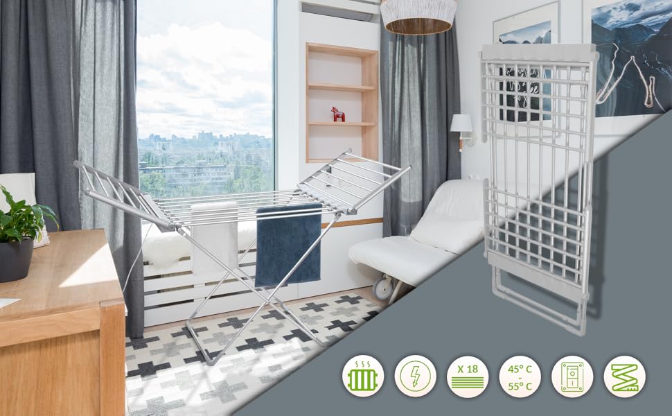 Tendedero eléctrico Fishtec plegable 18 barras calefactoras aluminio plateado