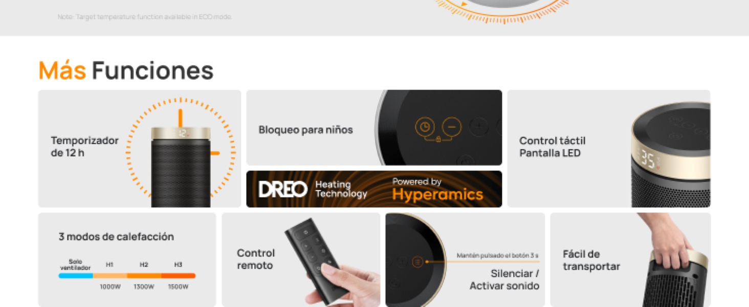 Panel de control del Dreo con modos, temporizador 12h y bloqueo infantil